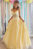 Yellow A Line Lace Appliques Spaghetti Straps Prom Dresses, Evening Gown PFP2304