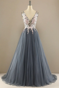 V Neck Ball Gown Tulle Prom Dress Floral Lace Party Dress PFP2305