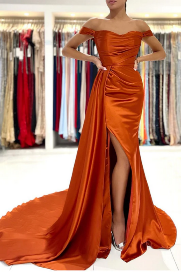 Rust Off the Shoulder Evening Dress Mermaid Satin Prom Dress with Flap PFP2306