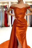 Rust Off the Shoulder Evening Dress Mermaid Satin Prom Dress with Flap PFP2306