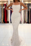 Spaghetti Straps Pearl White Prom Dresses Sparkly Sheath Formal Dress PFP2307