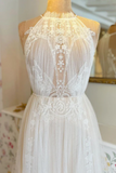 A Line Delicated Lace Tulle Wedding Dresses See Through Halter Neck Bridal Dress PFW0637