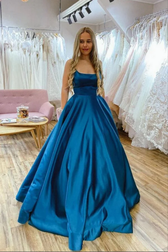 Simple Blue Satin A Line Scoop Backless Long Prom Dresses, Evening Gowns PFP2309