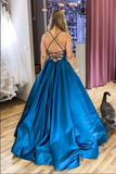 Simple Blue Satin A Line Scoop Backless Long Prom Dresses, Evening Gowns PFP2309