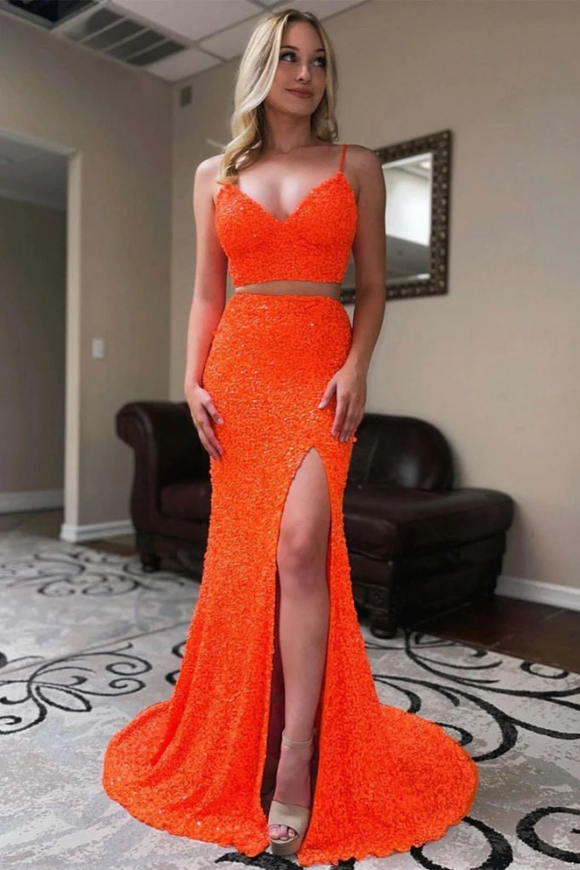 Two Piece Mermaid Orange Sequins Long Prom Formal Dress PFP2310
