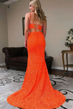 Two Piece Mermaid Orange Sequins Long Prom Formal Dress PFP2310