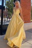 Gorgeous Yellow Satin Cutout Back A Line Formal Dress With Rhinestones, Evening Gown PFP2311