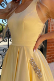 Gorgeous Yellow Satin Cutout Back A Line Formal Dress With Rhinestones, Evening Gown PFP2311