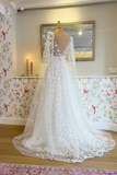 3D Flowers See Through Bodice Bridal Gown V Neck Wedding Dress with Detachable Sleeves PFW0638