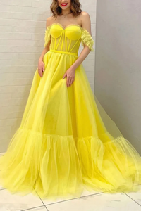 A Line Off the Shoulder Yellow Tulle Long Prom Dresses, Formal Evening Dresses PFP2312