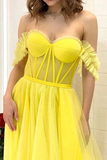 A Line Off the Shoulder Yellow Tulle Long Prom Dresses, Formal Evening Dresses PFP2312