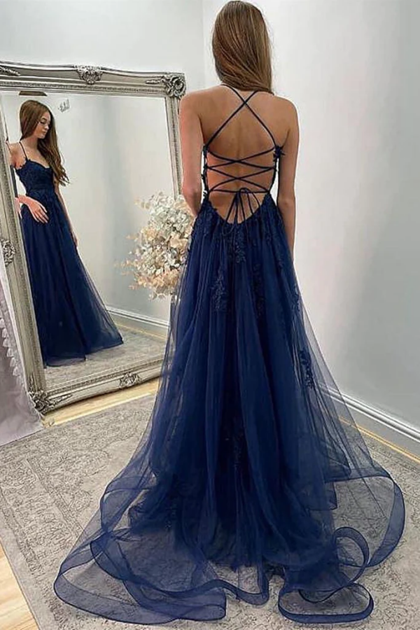 A Line Backless Navy Blue Lace Long Prom Dress with High Slit, Navy Bl Promfast A Line Backless Navy Blue Lace Long Prom Dress with High Slit, Navy Bl Promfast