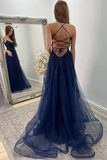 A Line Backless Navy Blue Lace Long Prom Dress with High Slit, Navy Blue Lace Formal Graduation Evening Dress PFP2313