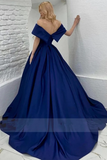 Off Shoulder Royal Blue Satin Long Prom Dress, Long Royal Blue Formal Graduation Evening Dress PFP2314