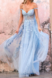 Off Shoulder Light Blue Lace Long Prom Dress, Light Blue Lace Formal Dress PFP2315