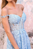 Off Shoulder Light Blue Lace Long Prom Dress, Light Blue Lace Formal Dress PFP2315