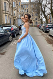 Sky Blue Satin A line Sweetheart Lace Appliques Prom Dresses, Evening Gown PFP2317