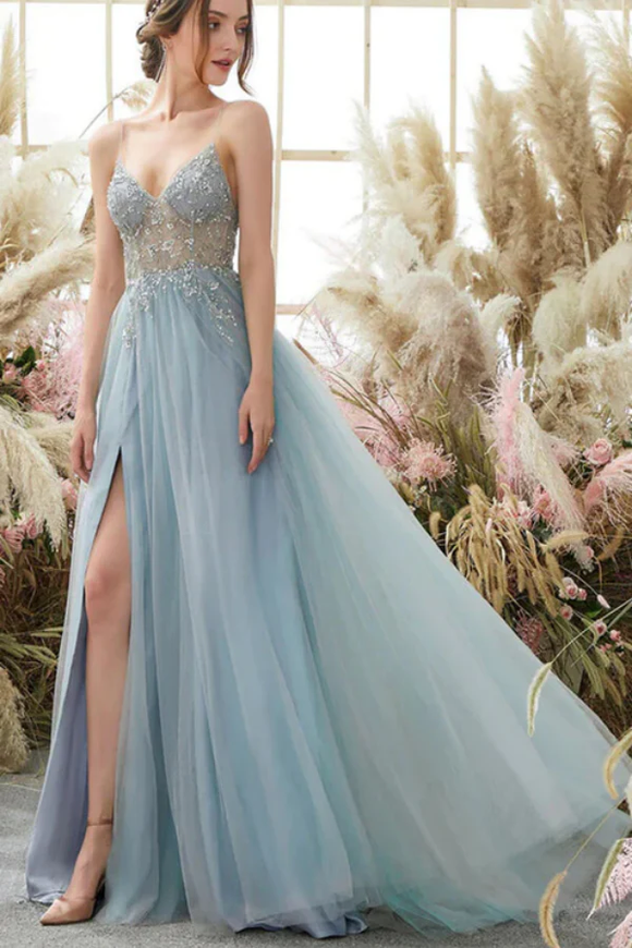 Light Blue Tulle Beaded A Line V Neck Long Prom Dresses, Evening Gowns PFP2318