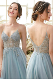 Light Blue Tulle Beaded A Line V Neck Long Prom Dresses, Evening Gowns PFP2318