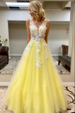 Yellow Princess A line Sleeveless Lace Appliques Prom Dresses, Evening Gowns PFP2319