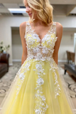 Yellow Princess A line Sleeveless Lace Appliques Prom Dresses, Evening Gowns PFP2319
