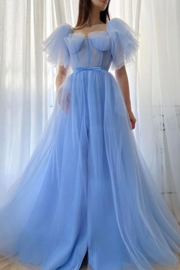 Blue A line tulle long prom dress, blue tulle formal dress PFP2320