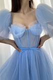 Blue A line tulle long prom dress, blue tulle formal dress PFP2320