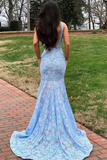 Open Back V Neck Mermaid Blue Lace Long Prom Dress, Evening Dress PFP2321