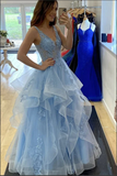 Fluffy Blue Layered Tulle Lace A Line V Neck Long Prom Dresses, Evening Dress PFP2322