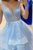 Fluffy Blue Layered Tulle Lace A Line V Neck Long Prom Dresses, Evening Dress PFP2322