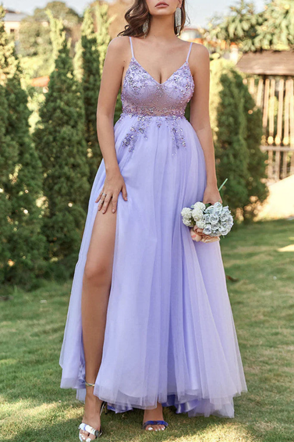 A Line V Neck Purple Beaded Long Prom Dress with High Slit PFP2323