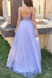 A Line V Neck Purple Beaded Long Prom Dress with High Slit PFP2323