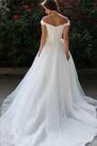 Simple White Tulle A line Off the Shoulder Wedding Dresses, Bridal Gowns PFW0639