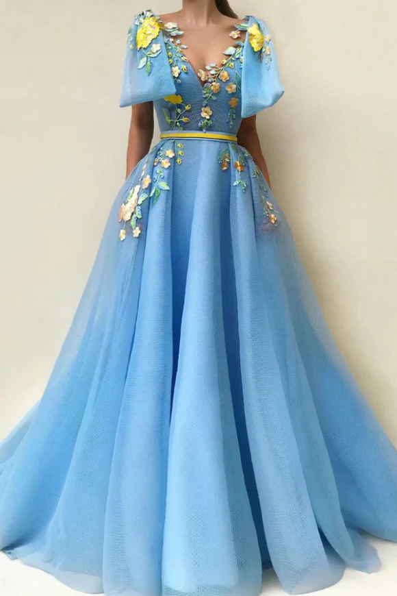 Blue Tulle Long Prom Dress with Applique, Formal Evening Dress PFP2324