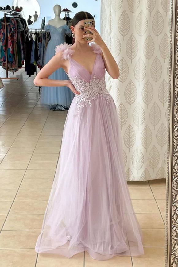 A Line V Neck Lilac Lace Long Prom Dress, Formal Dress PFP2326