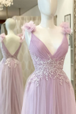 A Line V Neck Lilac Lace Long Prom Dress, Formal Dress PFP2326