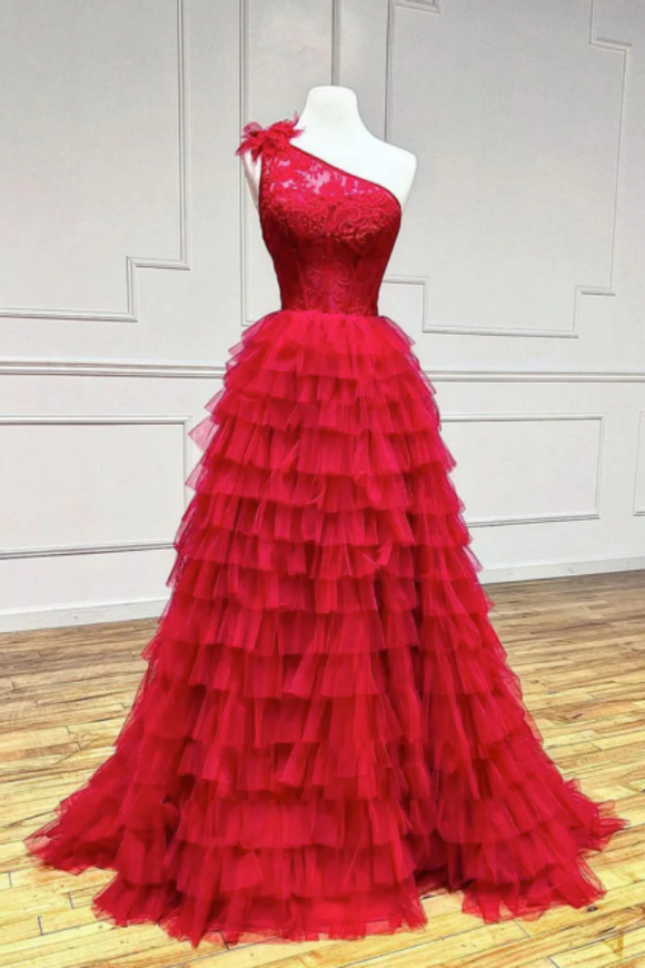 One Shoulder Red Lace Prom Dresses, Evening Dresses PFP2325