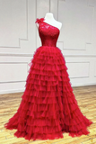 One Shoulder Red Lace Prom Dresses, Evening Dresses PFP2325