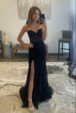 Black Mermaid Strapless Lace Prom Dresses, Evening Dresses With Split PFP2327