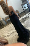 Black Mermaid Strapless Lace Prom Dresses, Evening Dresses With Split PFP2327