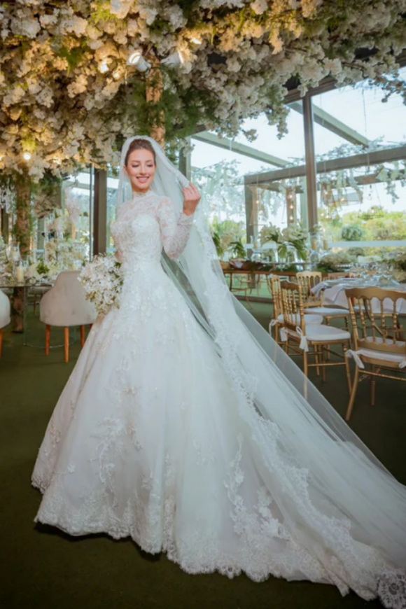 High Neck Boho Lace Long Sleeves Bridal Dress Ball Gown Wedding Dress PFW0641