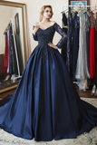 Ball Gown Long Sleeves Off Shoulder Beaded Navy Blue Prom Dress PFP2331