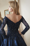 Ball Gown Long Sleeves Off Shoulder Beaded Navy Blue Prom Dress PFP2331
