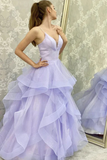 Sparkly Purple Tulle A Line V Neck Long Prom Dresses, Evening Gowns PFP2332
