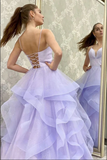 Sparkly Purple Tulle A Line V Neck Long Prom Dresses, Evening Gowns PFP2332