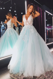 A Line V Neck Tulle Lace Floral Long Prom Dress Formal Dress PFP2333