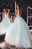 A Line V Neck Tulle Lace Floral Long Prom Dress Formal Dress PFP2333