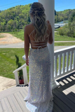 White Sequins Long Prom Dresses Backless Mermaid Formal Dress PFP2336