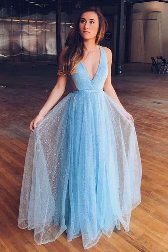 Shiny Light Blue V Neck Long Tulle Prom Dress For Teens PFP2337