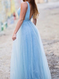 Shiny Light Blue V Neck Long Tulle Prom Dress For Teens PFP2337